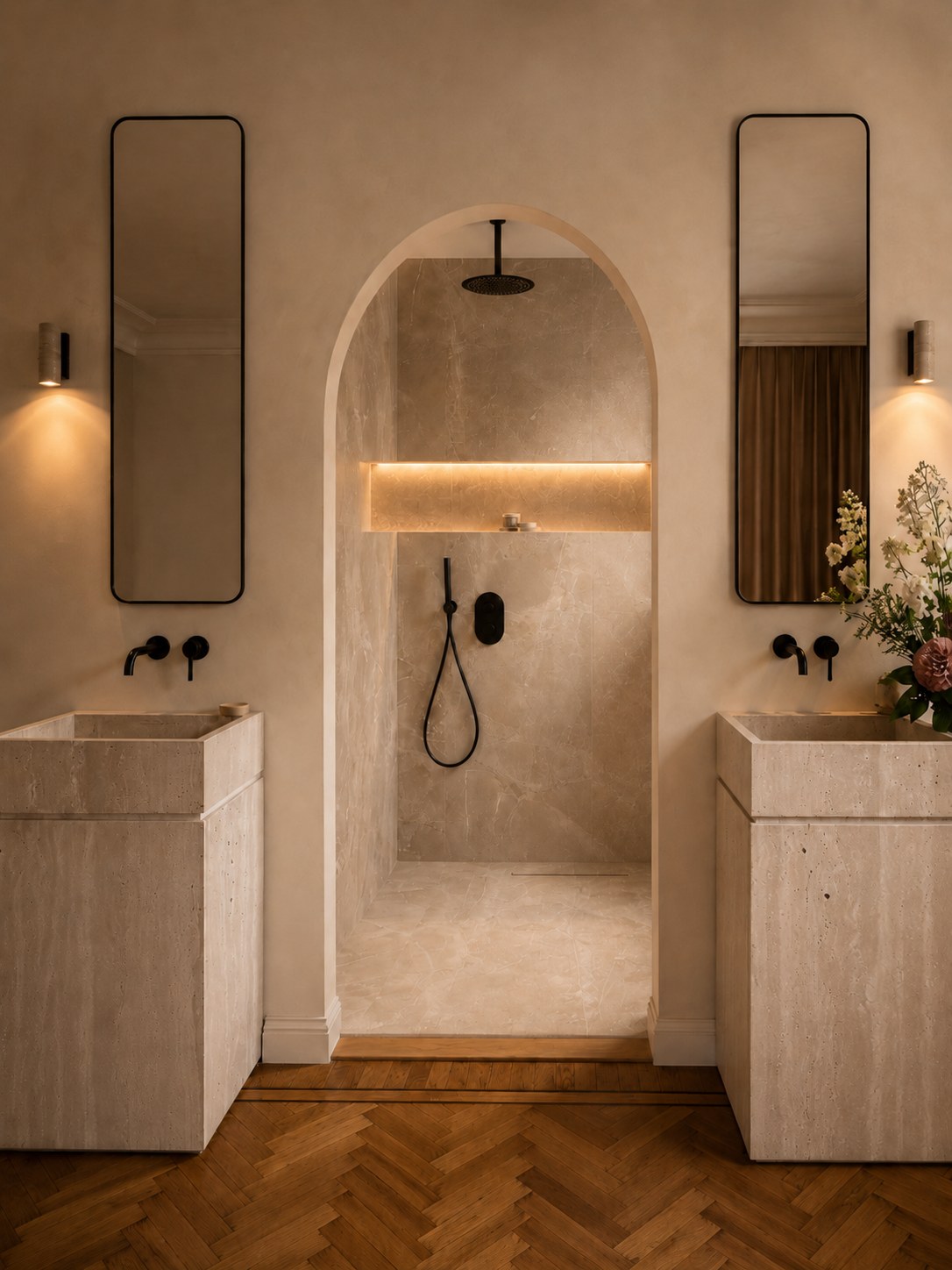 Badkamer met boogvorm en natuursteen